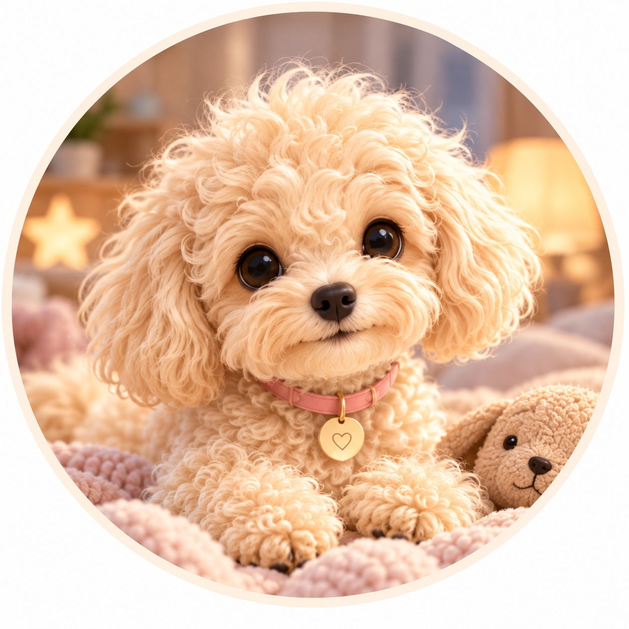 Lily, a small fluffy cream puppy with a coral collar and gold heart tag, lying on a soft pink blanket