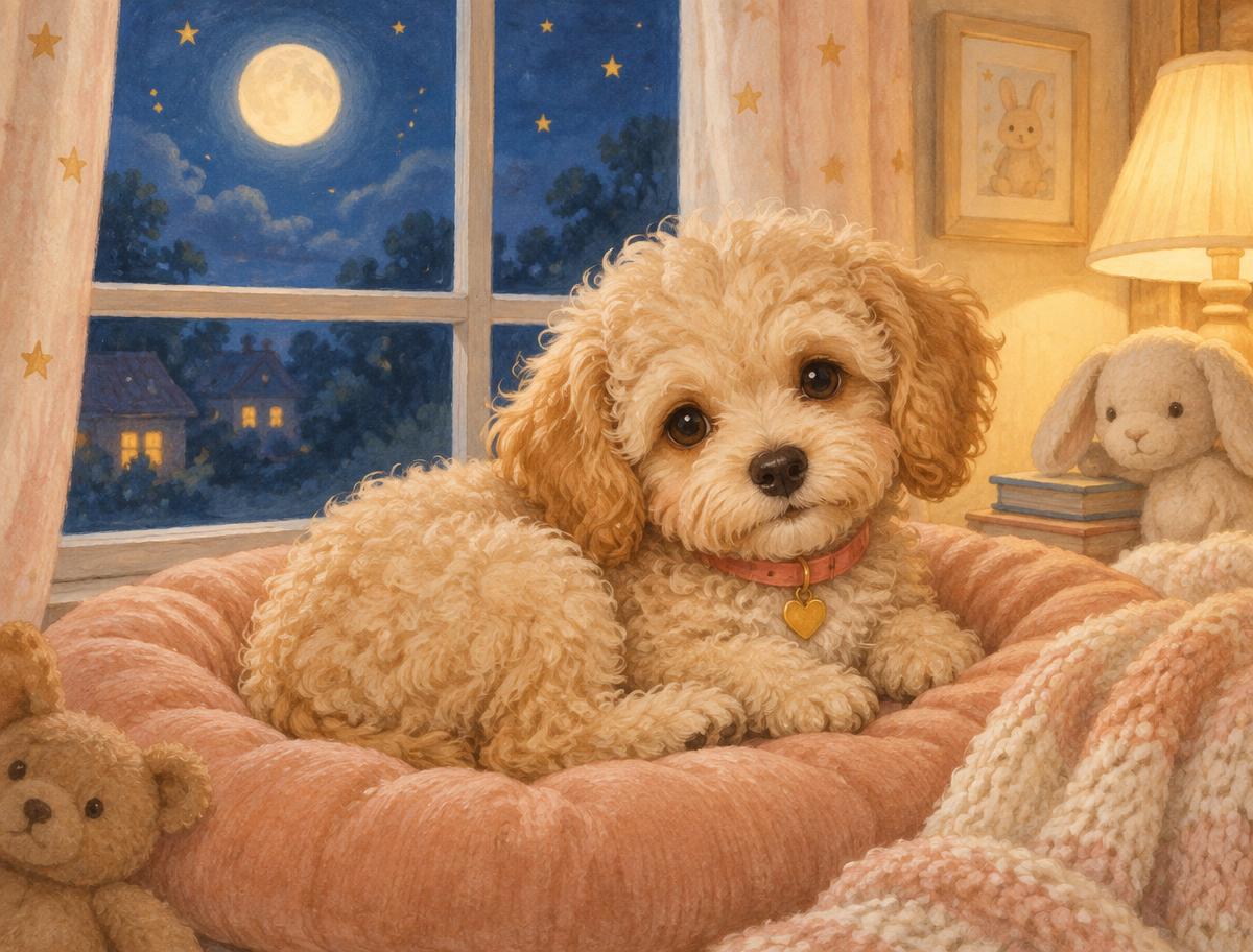 Lily curled on a peach cushion beneath the moon