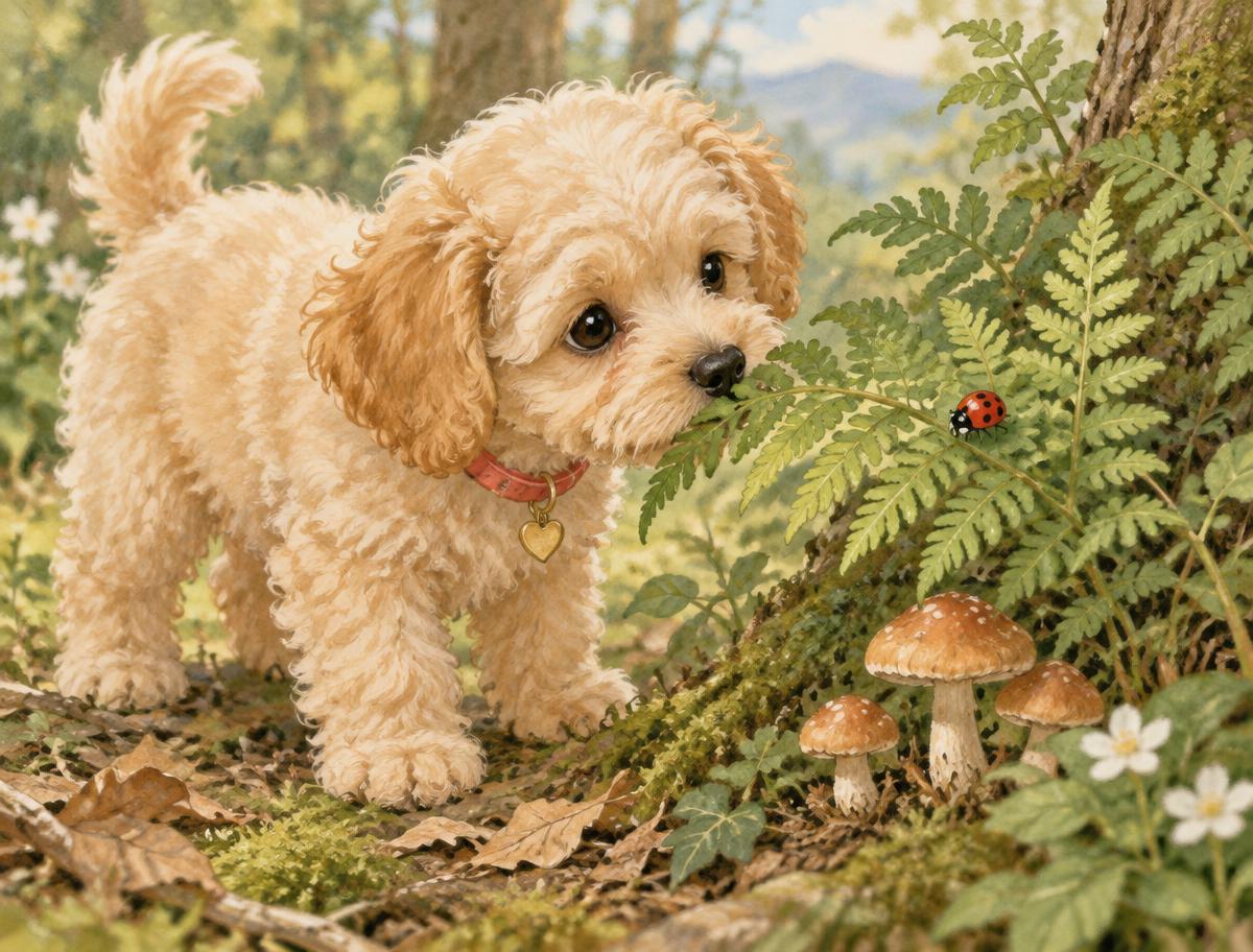 Lily looking at a ladybird on a fern in the woods